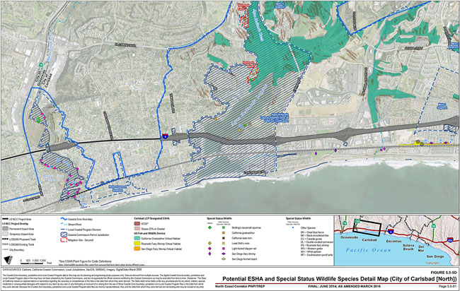 Figure 5.5-5D: Potential ESHA and Special Status Wildlife Species Detail Map (City of Carlsbad [North]). For more information call (619) 688-6670 or email CT.Public.Information.D11@dot.ca.gov