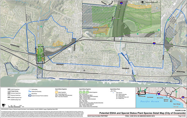 Figure 5.5-6A: Potential ESHA and Special Status Plant Species Detail Map (City of Oceanside). For more information call (619) 688-6670 or email CT.Public.Information.D11@dot.ca.gov