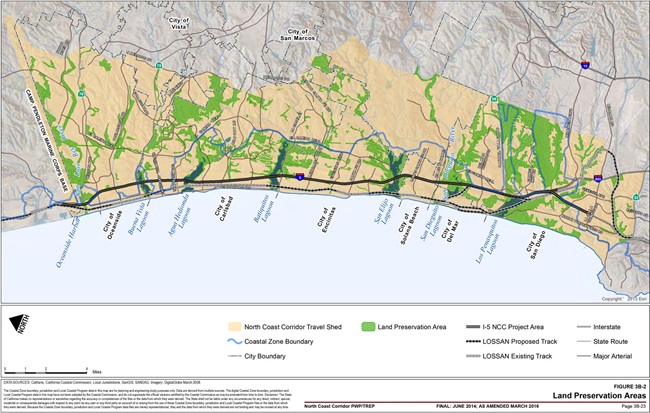 Map showing the Land Preservation Areas on the North Coast Corridor. For more information call (619) 688-6670 or email CT.Public.Information.D11@dot.ca.gov.