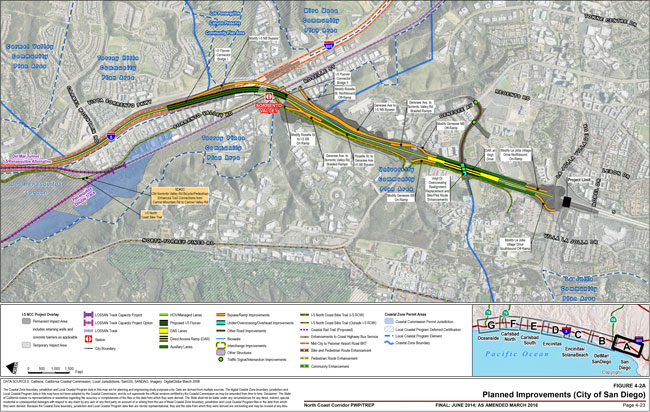 This map shows the I-5 NCC Project Overlay of the Planned Improvements in the City of San  Diego. For more information call (619) 688-6670 or email CT.Public.Information.D11@dot.ca.gov