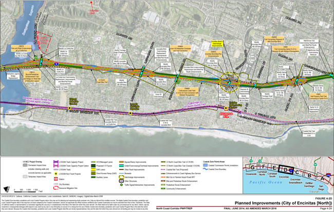 Overlay of the Planned Improvements in the City of Encinitas (North). For more information call (619) 688-6670 or email CT.Public.Information.D11@dot.ca.gov