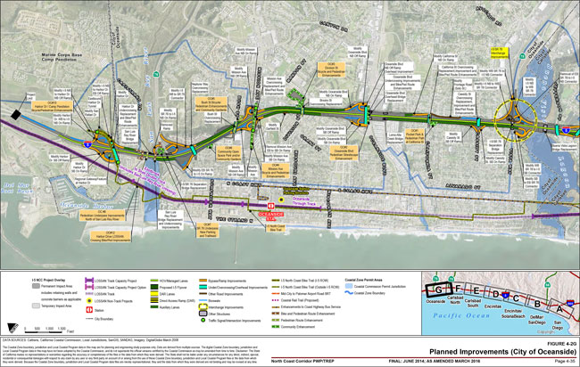 This map shows the I-5 NCC Project Overlay of the Planned Improvements in the City of Oceanside. For more information call (619) 688-6670 or email CT.Public.Information.D11@dot.ca.gov