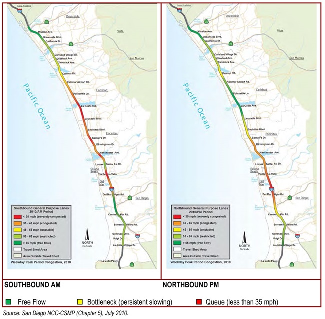 Weekday Peak-Period Congestion, 2010 (I-5 North Coast Corridor). For more information call (619) 688-6670 or email CT.Public.Information.D11@dot.ca.gov