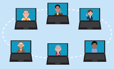 Illustration showing six laptops with a person in each screen. For more information call (619) 688-6670 or email CT.Public.Information.D11@dot.ca.gov