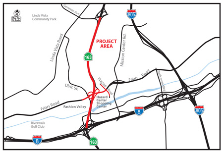Map showing the Interchange Project Area. North to South from Genesse Avenue to the Interstate 8 and East to West from Ulrich Street to Frazee Road.