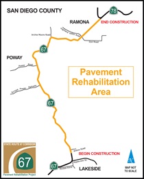Map showing the location of the SR-67 Pavement Rehabilitation Project. For more information call (619) 688-6670 or email CT.Public.Information.D11@dot.ca.gov
