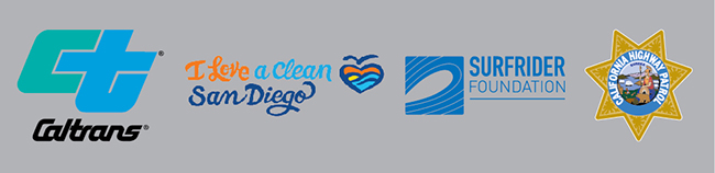 Logos of Caltrans, I Love a Clean San Diego, Surfrider Foundation and the California Highway Patrol.