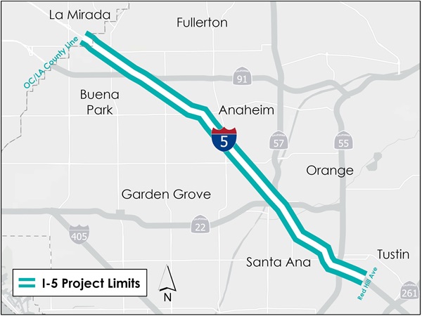 Project limits map figure. Map shows the limits of the project from Red Hill avenue to just 0.5 miles north of the Orange and Los Angeles County Line