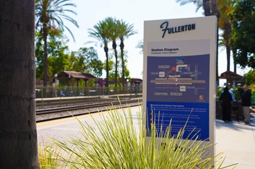 Digital wayfinding and a clear path of travel improves access both to the station and downtown Fullerton.