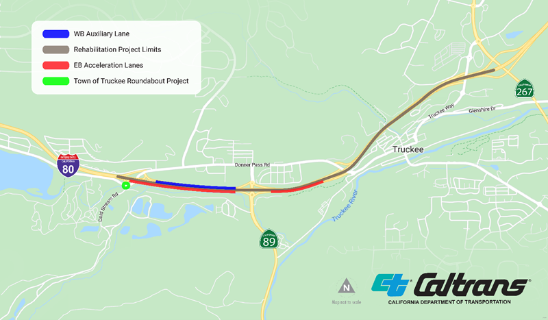 Map showing the location of the Interstate 80 Truckee Rehabilitation and Auxiliary Lane project in Nevada County. The project is rehabilitating concrete between the I-80/SR-89/SR-267 interchange and the Donner Pass Road Overcrossing. It is also adding a westbound auxiliary lane between the State Route 89 south separation and the Donner Pass Road Overcrossing, and eastbound accelerations lanes from the Donner Pass Road and State Route 89 south on-ramps.