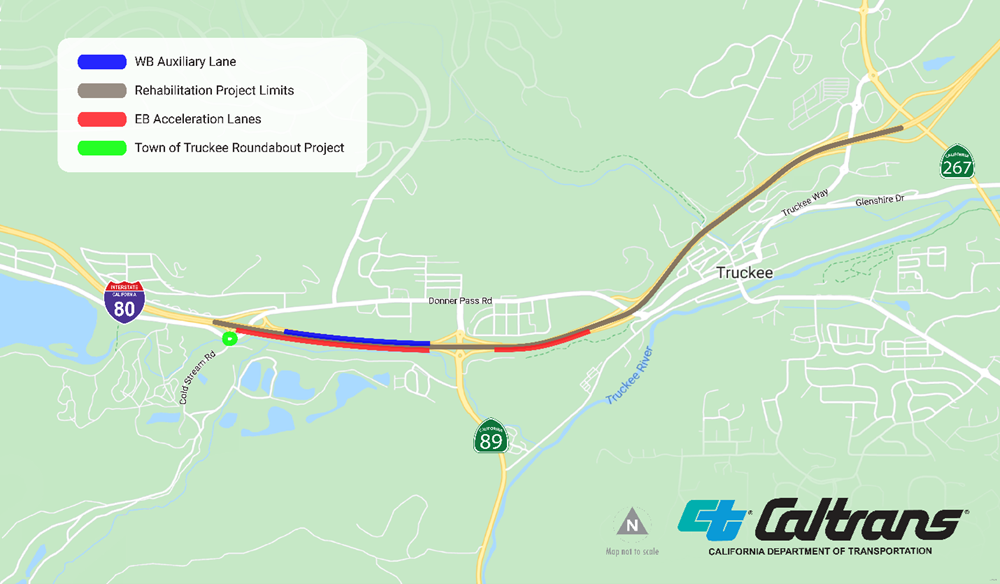 Project map for the Interstate 80 Truckee Rehabilitation and Auxiliary Lane project in Nevada County. The project is rehabilitating a segment of I-80 between the Donner Pass Road overcrossing and the I-80/SR-89/SR-267 interchange. A westbound auxiliary lane will also be added along with two eastbound acceleration lanes.