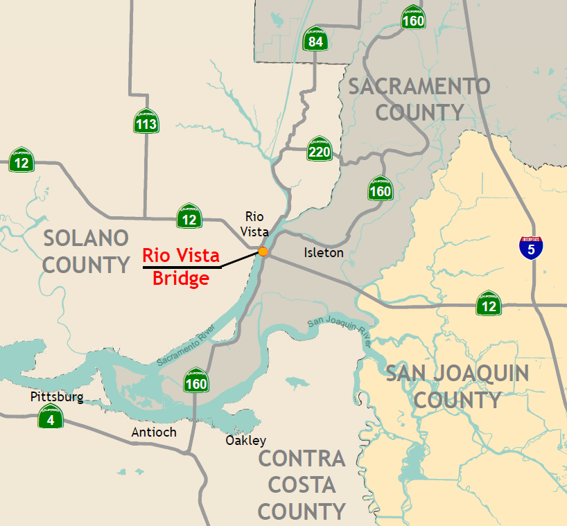 Map of location for Rio Vista Bridge Upgrade Project.  Contact 916-825-5252 or email dennis.keation@dot.ca.gov for more details.