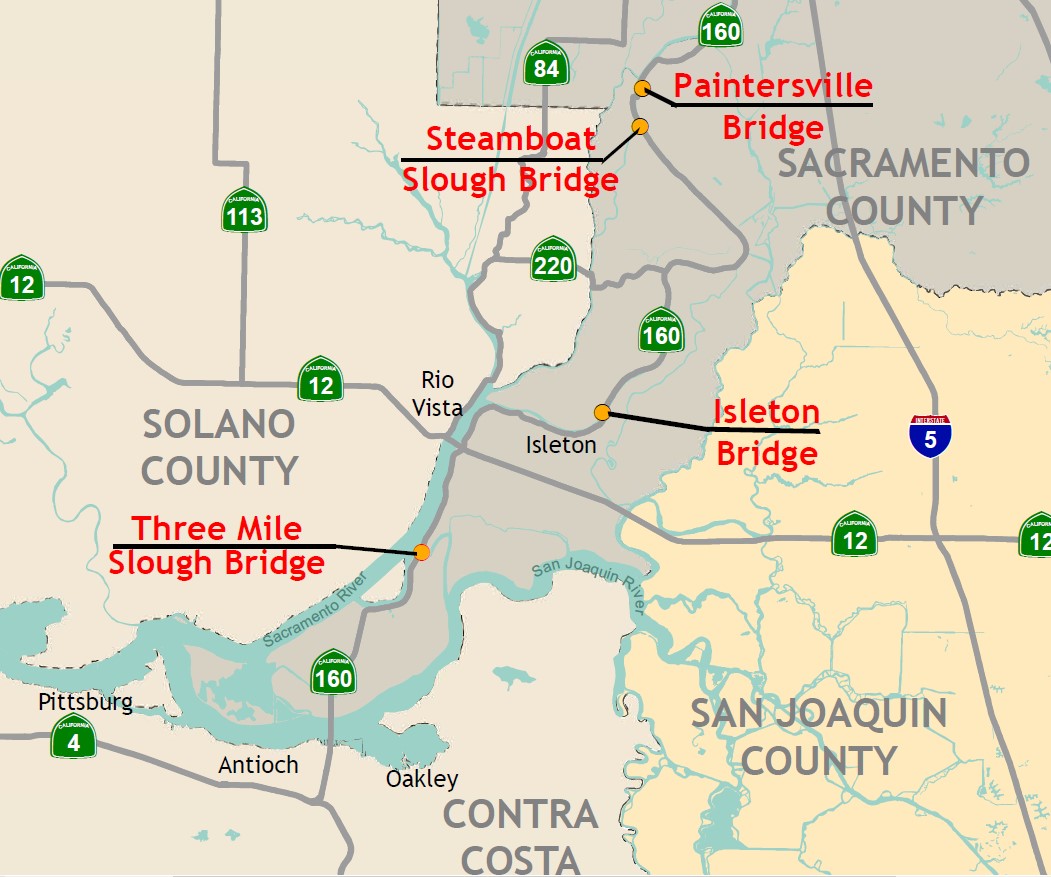 Map of bridge locations for Rio Vista Bridge Operational Rehab Project.  Contact 916-825-5252 or email dennis.keation@dot.ca.gov for more details.