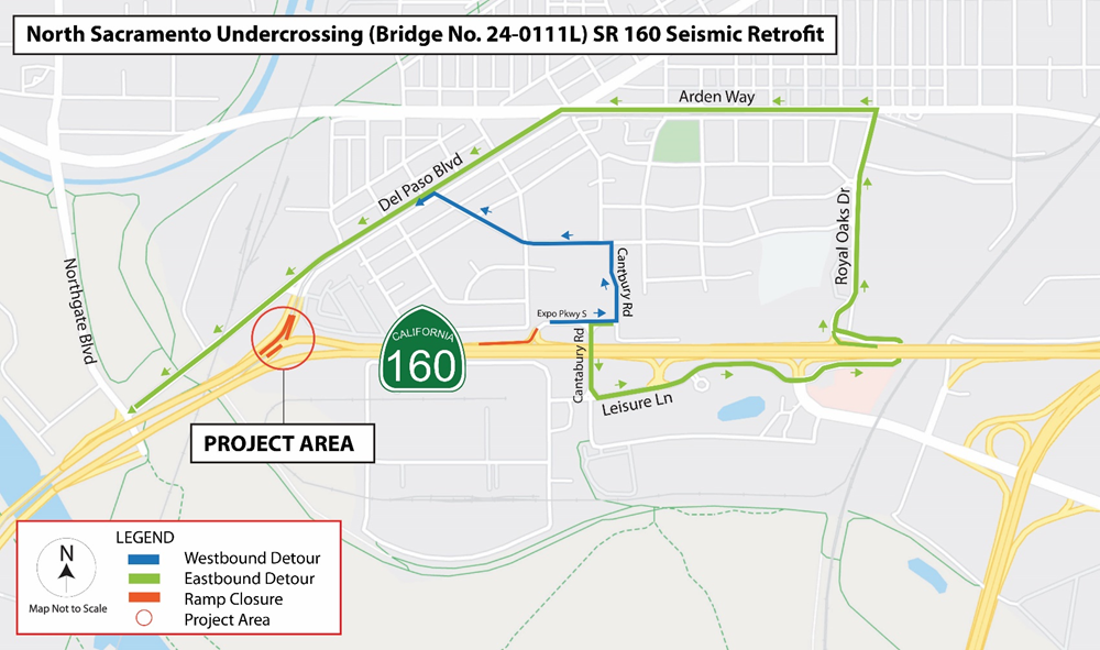 Map of detours for local surface streets for State Route 160 Seismic Retrofit