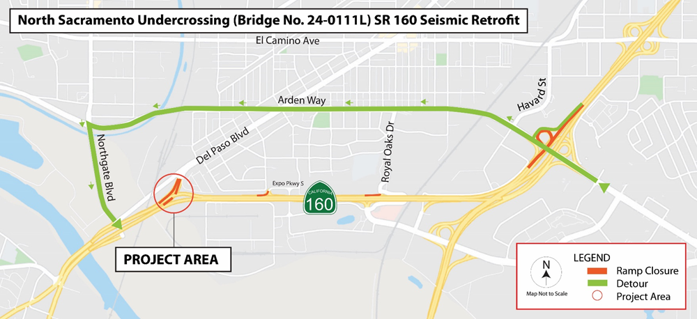 Map of detour for Westbound Business 80 for State Route 160 Seismic Retrofit