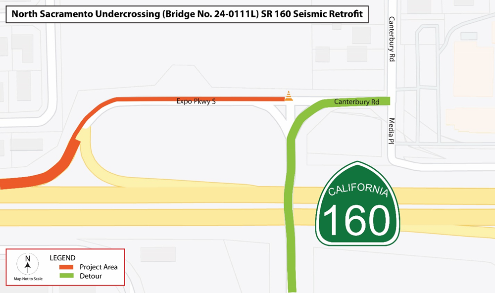Map of detour for the Expo Parkway South Ramp from Canterbury Road for State Route 160 Seismic Retrofit