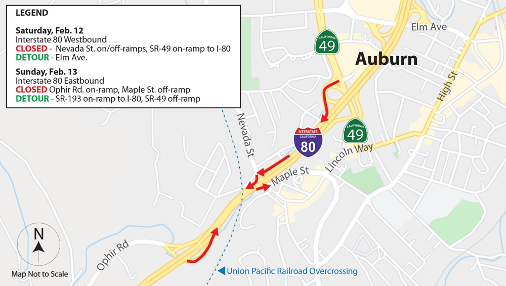 Map of Interstate 80 closure in Auburn