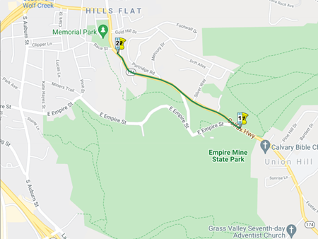 Map of State Route 174 closure in Nevada County between Race Street and Empire Mine Road