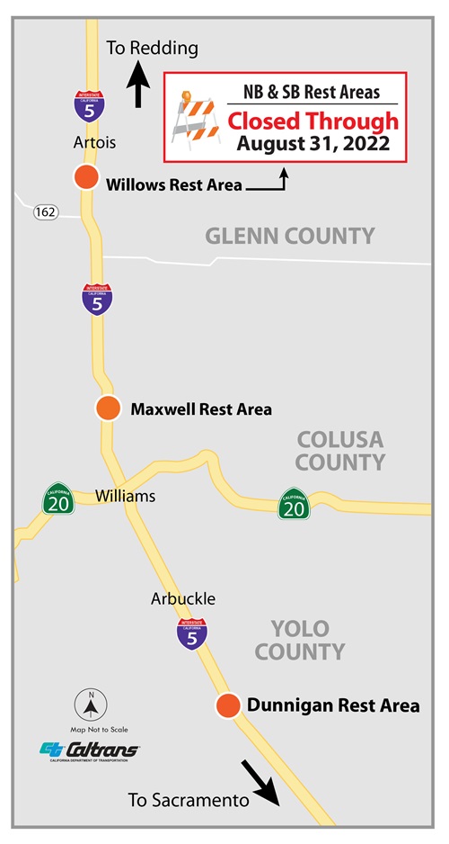 Map showing closures of the north and southbound Interstate 5 Willows Safety Roadside Rest Areas in Glenn County that has been extended to August 31