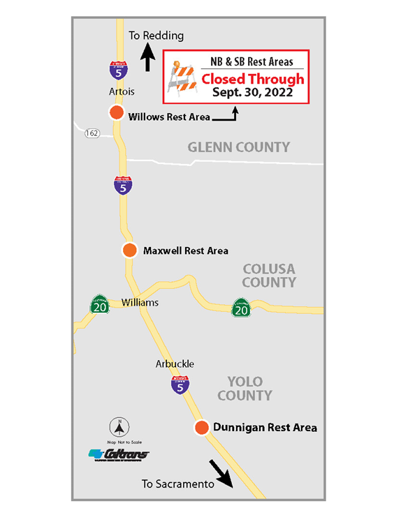 Map showing closures of the north and southbound Interstate 5 Willows Safety Roadside Rest Areas in Glenn County that has been extended to September 30th