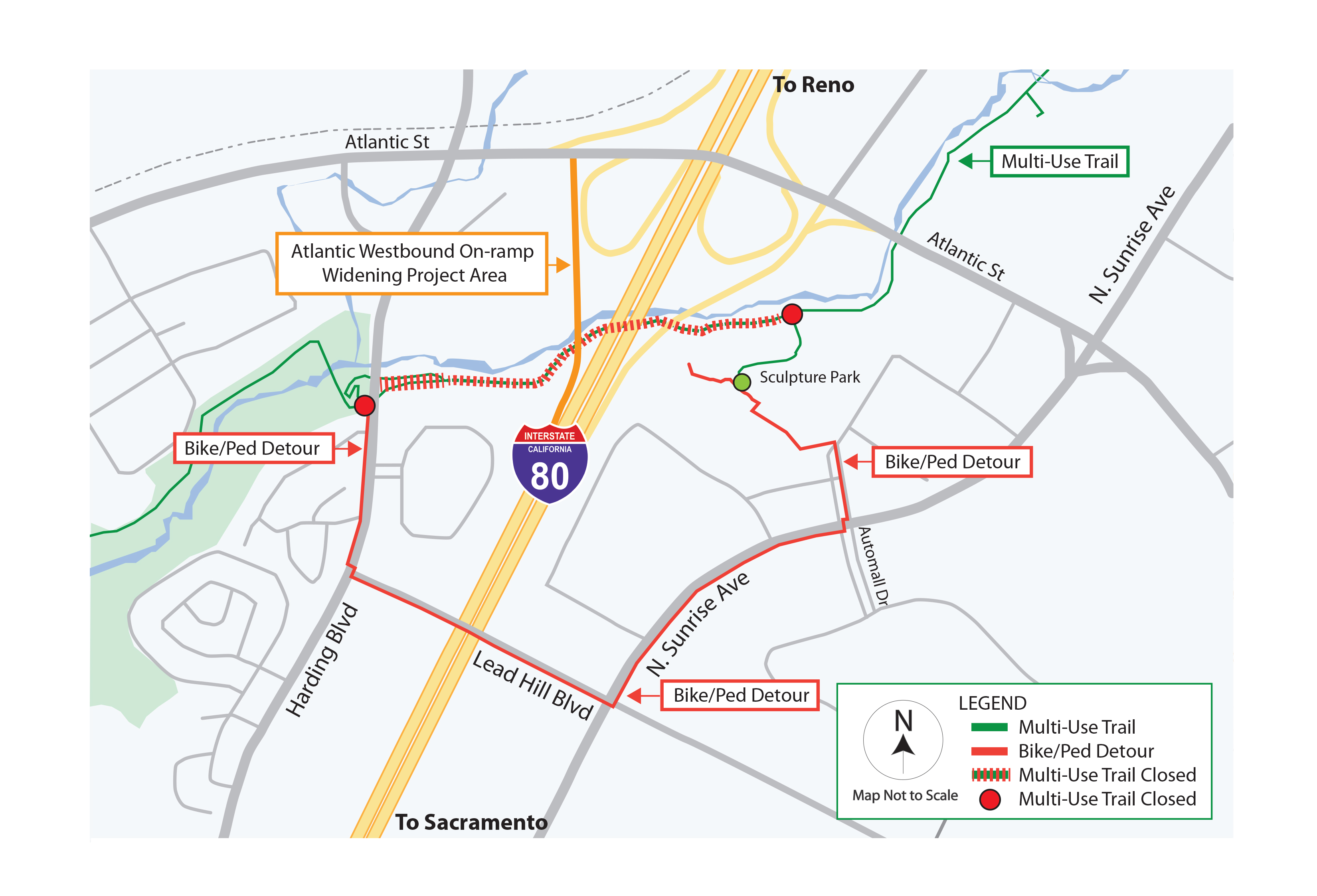 Detour map for the long-term closure of the Miner's Ravine Multi-Use Trail near the I-80 westbound on-ramp at Atlantic Street. Pedestrians and bicyclists are routed through the sculpture park and along N. Sunrise Ave., Lead Hill Blvd., and Harding Blvd. to resume trail access.