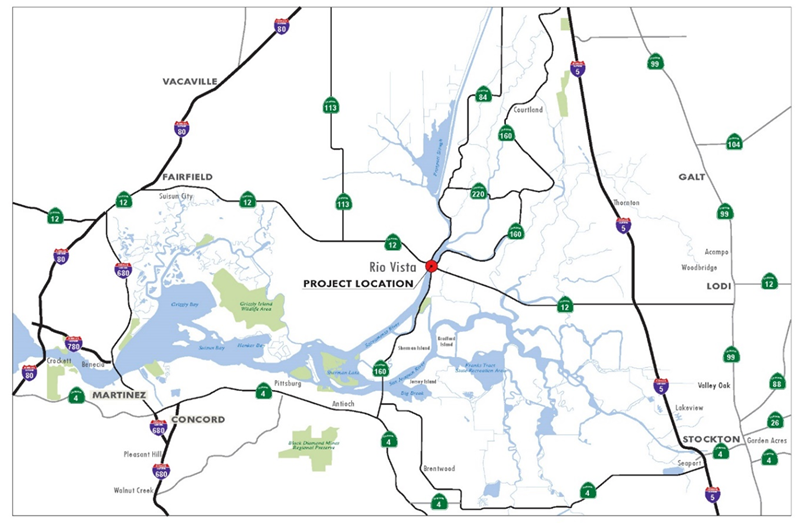 Map showing location of Rio Vista bridge on State Route 12 where waterway will be closed to large vessels and sailboats.