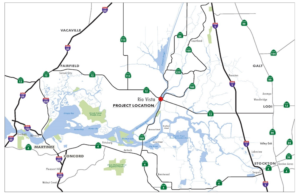 Map showing location of Rio Vista bridge on State Route 12 where waterway will be closed to large vessels and sailboats.