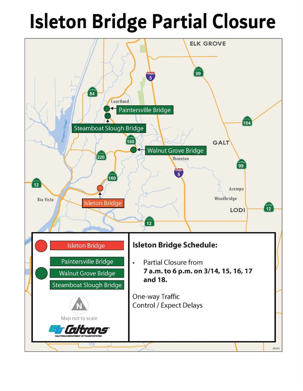 Map of Isleton Bridge partial closure on State Route 160