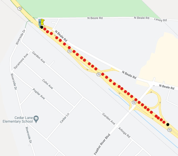 Map of median construction work on Highway 70 in Linda Area