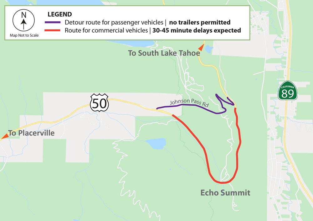Detour map for rock scaling work on U.S. Highway 50 at Echo Summit. Passenger cars and pick-up trucks will be detoured via Johnson Pass Road, while commercial vehicles and passenger vehicles towing trailers will remain on U.S. Highway 50 over Echo Summit. 