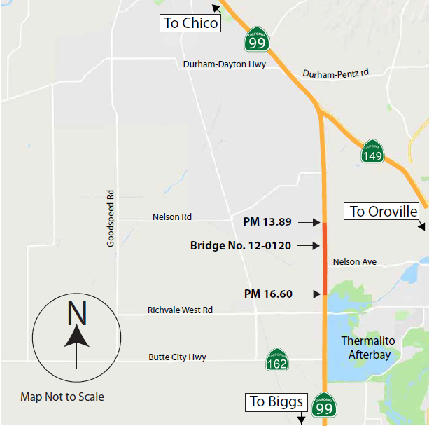 Map of new Cottonwood Creek Bridge on State Route 99 in Butte County