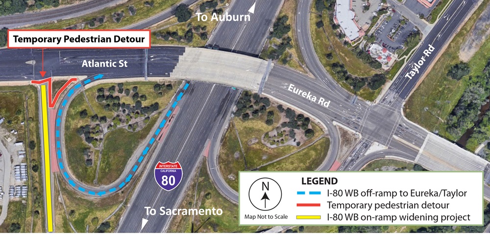 Temporary pedestrian detour map. Pedestrians and bicyclists heading east on Atlantic Street will cross the intersection at the I-80 westbound on-ramp using the designated crosswalk. Once across the intersection, users will turn right and head south along the on-ramp before crossing northeast to return to the Atlantic Street sidewalk. 