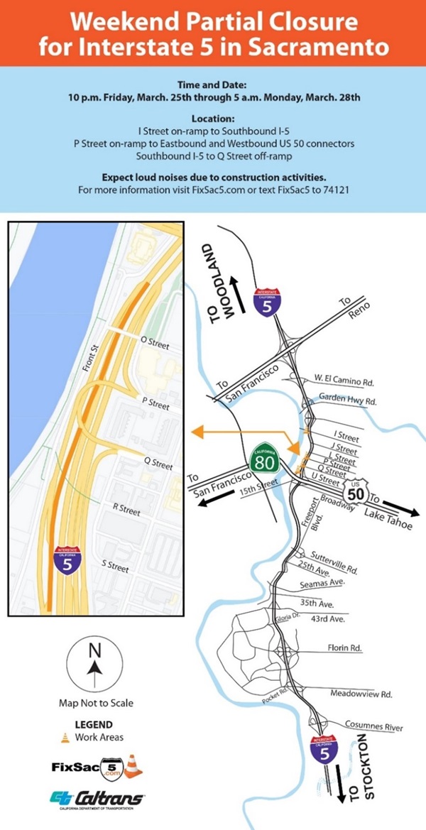 Map of Interstate 5 Partial Closure in Sacramento
