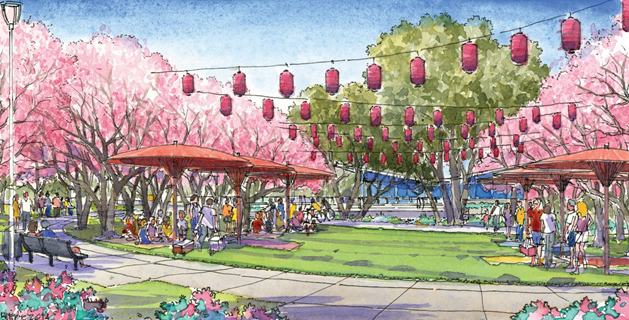 Artist rendering of the Hanami Line Project at Robert T. Matsui Waterfront Park