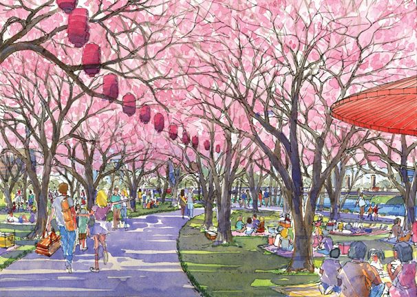 Artist rendering of the Hanami Line Project at Robert T. Matsui Waterfront Park