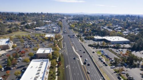 An aerial drone photo showing a newly repaved and improved State Route 49 in Auburn