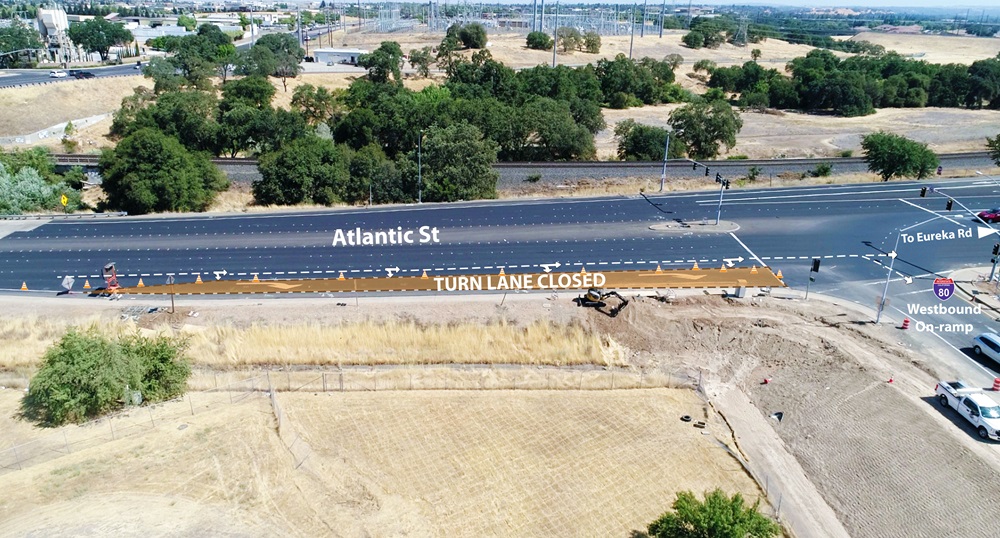Visual aid for the temporary closure of the right turn lane to the I-80 westbound on-ramp and the #3 lane on Atlantic Street in Roseville. Motorists will be shifted into the #2 (middle) lane for right turns, with the on-ramp remaining open during construction work. 