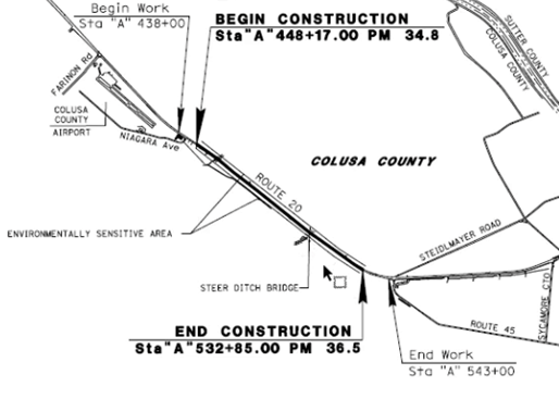 Map of roadwork on State Highway 20 in Colusa County