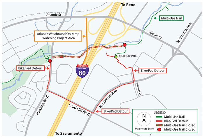 etour map for the closure of the Miner's Ravine Multi-Use Trail near the I-80 westbound on-ramp at Atlantic Street. Bicyclists and pedestrians will use the sculpture park, N. Sunrise Ave., Lead Hill Blvd., and Harding Blvd. as a detour around the trail closure.