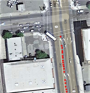 Map with graphic of left turn lane that has been temporarily reduced to one lane during construction on State Highway 70 in Marysville