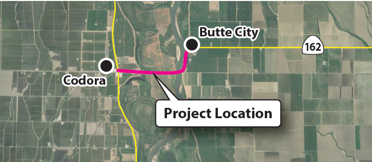 Map of the Sacramento River bridge and viaduct replacement project on State Route 162 in the Butte City area of Glenn County