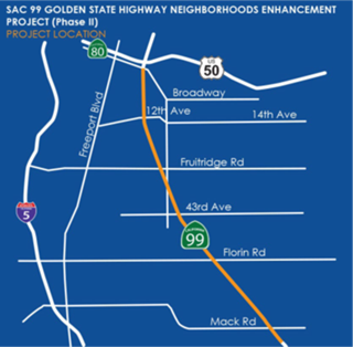 Map of Highway 99 Golden State Highway Neighborhoods Enhancement Project in Sacramento