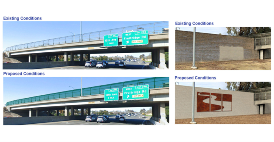 Image showing existing conditions compared to the proposed conditions for the overcrossings and design for the steel art panels to be installed on sound walls.