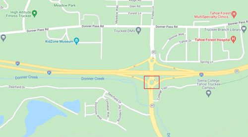 Map showing the location of scheduled grading work on the State Route 89 south roundabout just north of Deerfield Drive in Truckee. The #1 (inside) lane of the roundabout will be closed during grading work.