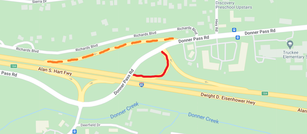 Map showing the location of I-80 westbound on-ramps in Truckee that will be intermittently closed for maintenance work. The I-80 westbound loop on-ramp from the Donner Pass Road Overcrossing will be closed overnight and the I-80 westbound on-ramp from Donner Pass Road will be closed intermittently. 