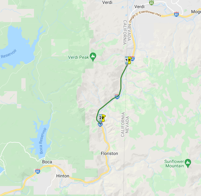 Map showing the location of anticipated maintenance work on I-80 westbound between the Nevada state line and Farad. The #2 (right) lane will be closed for various maintenance activities.