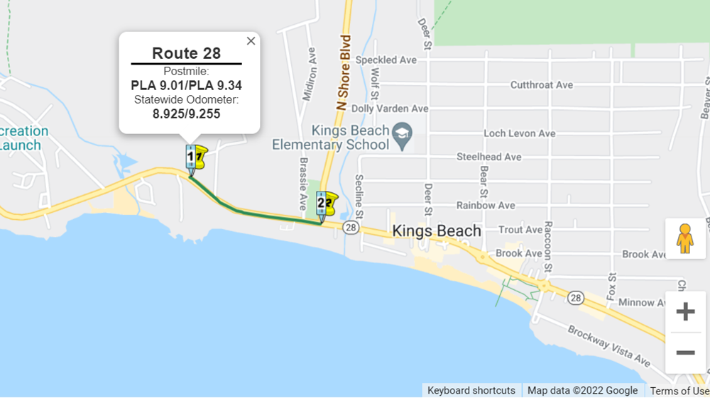 Map of pavement repairs at Kings Beach between Beach Street and the State Route 267 intersection