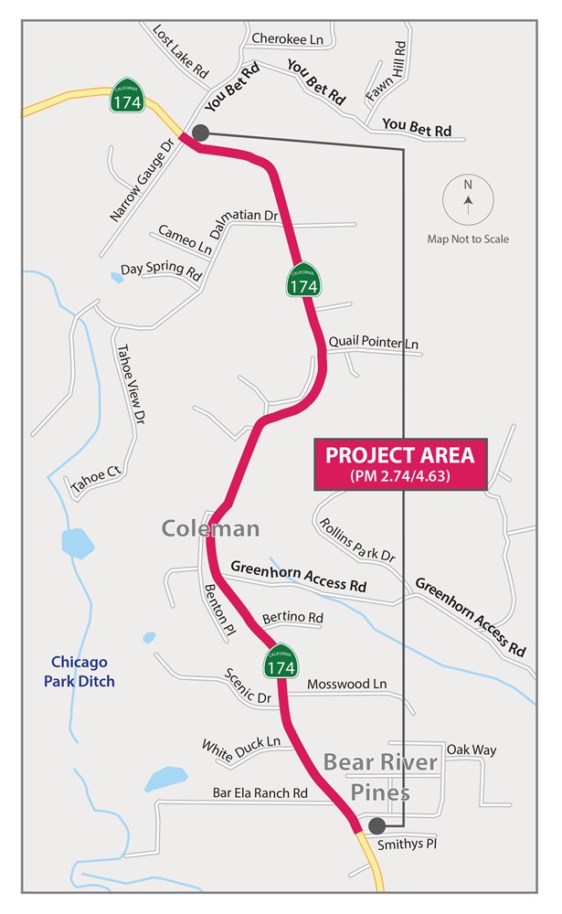 Map showing the location of a safety improvement project on State Route 174 in Nevada County. A two-mile segment of highway between You Bet Road to the north and Maple Way to the south was improved, which includes improvements to the Greenhorn Access Road intersection.
