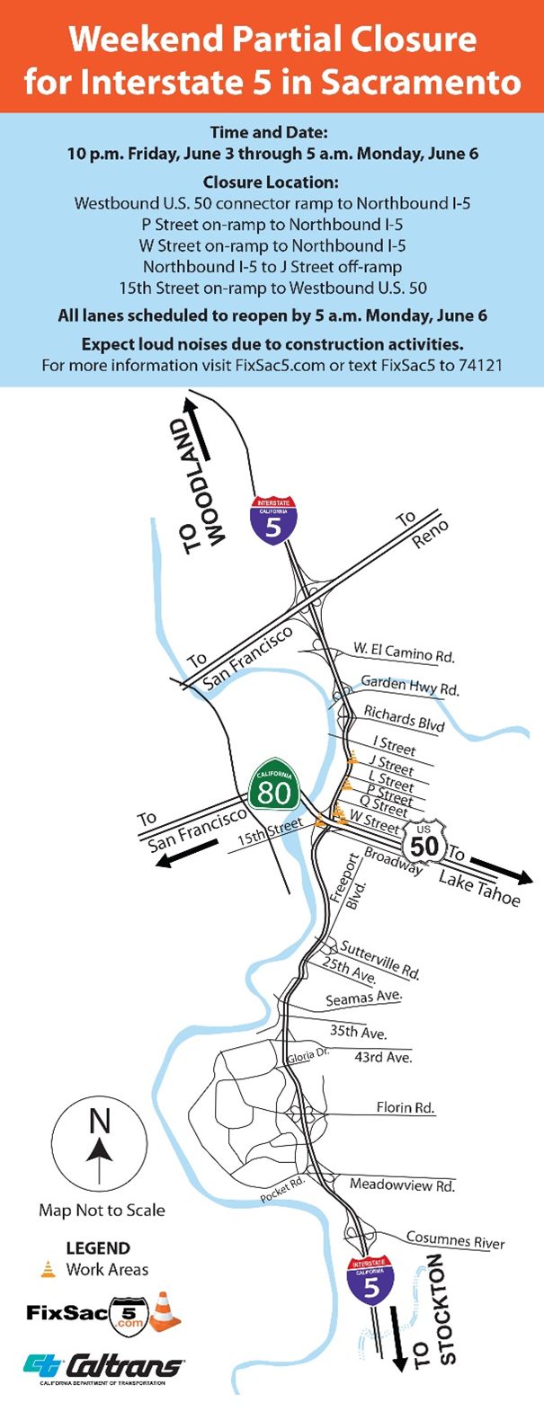 Map of partial closure for Interstate 5 in Sacramento from the U.S. 50 interchange to J Street from 10 p.m. Friday, June 3 through 5 a.m. Monday, June 6