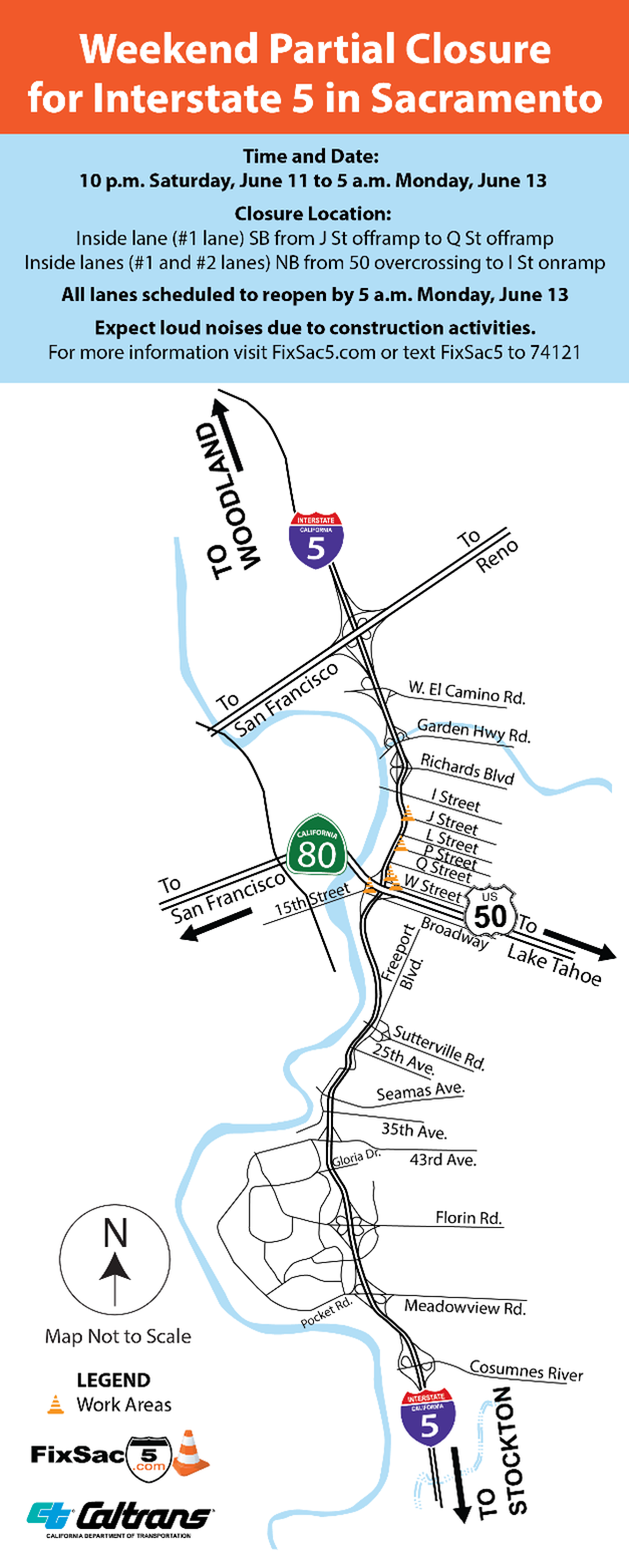 Map of partial closure for Interstate 5 in Sacramento from the U.S. 50 interchange to J Street from From 10 p.m. Friday, June 10 through 5 a.m. Monday, June 13